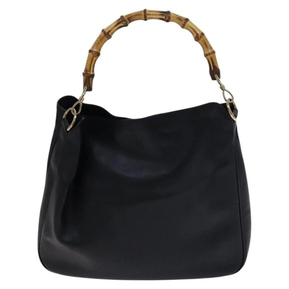 GUCCI Bamboo Hand Bag Leather 2way Black Gold - Picture 2 of 16